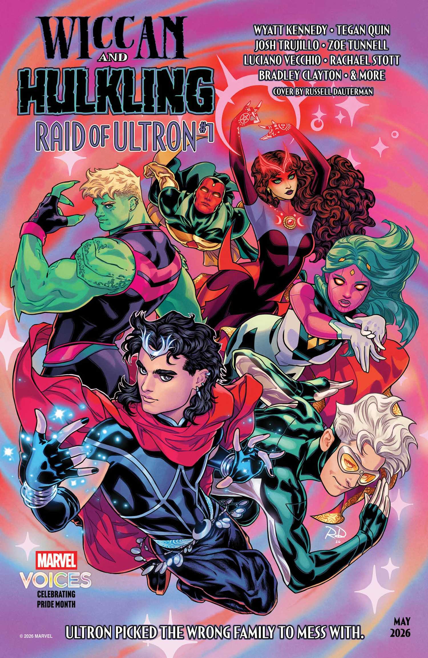 Wiccan and Hulkling Raid on Ultron #1 cover, featuring Scarlet Witch and Vision reunited with their family