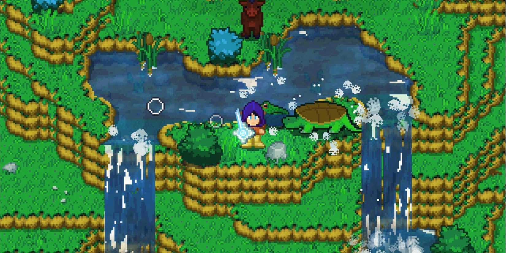 A hero stands near waterfalls in Wildaria.