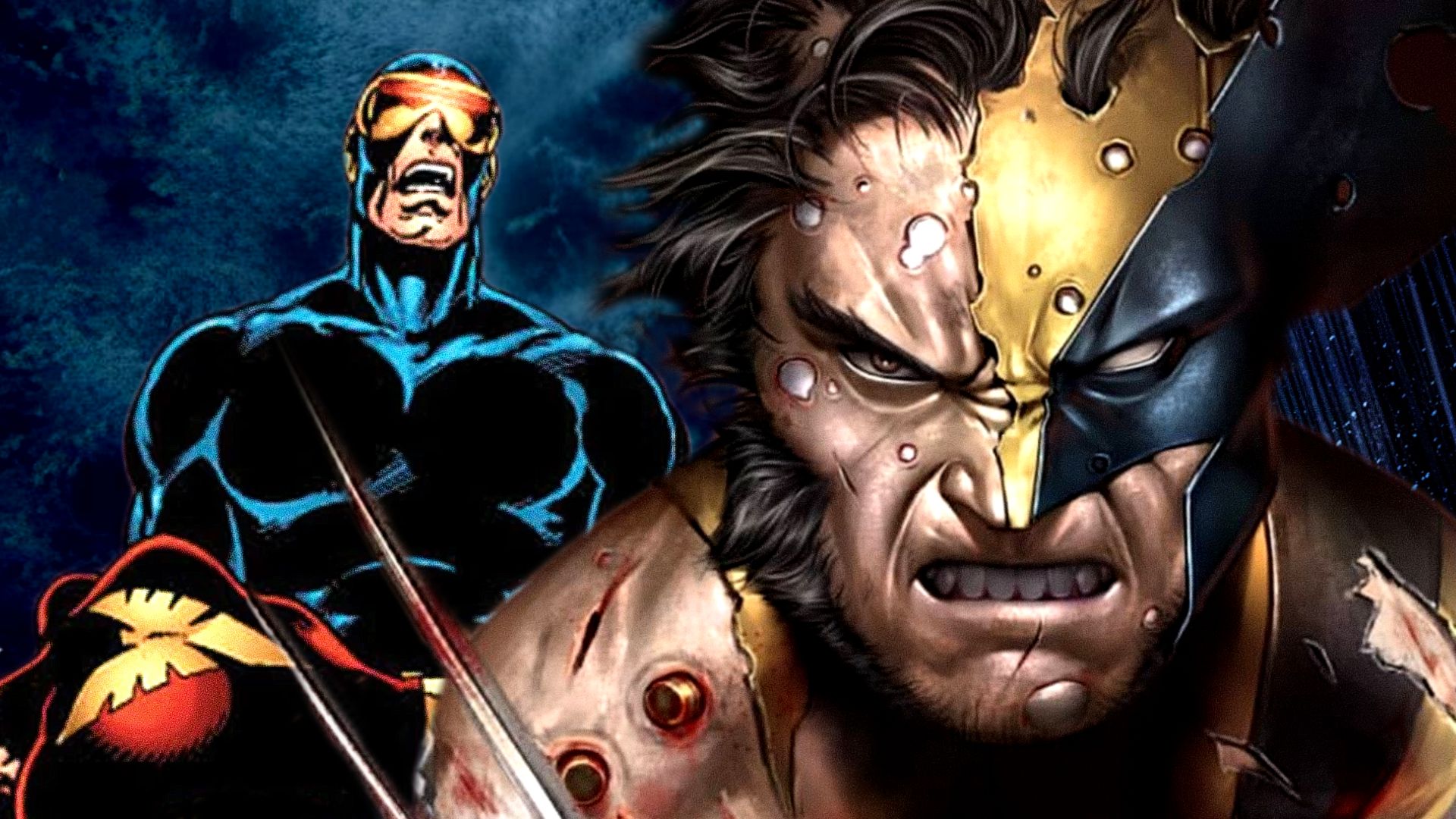 Wolverine wears a battle-damaged costume while Cyclops cries over Jean Grey's dead body in X-Men comics