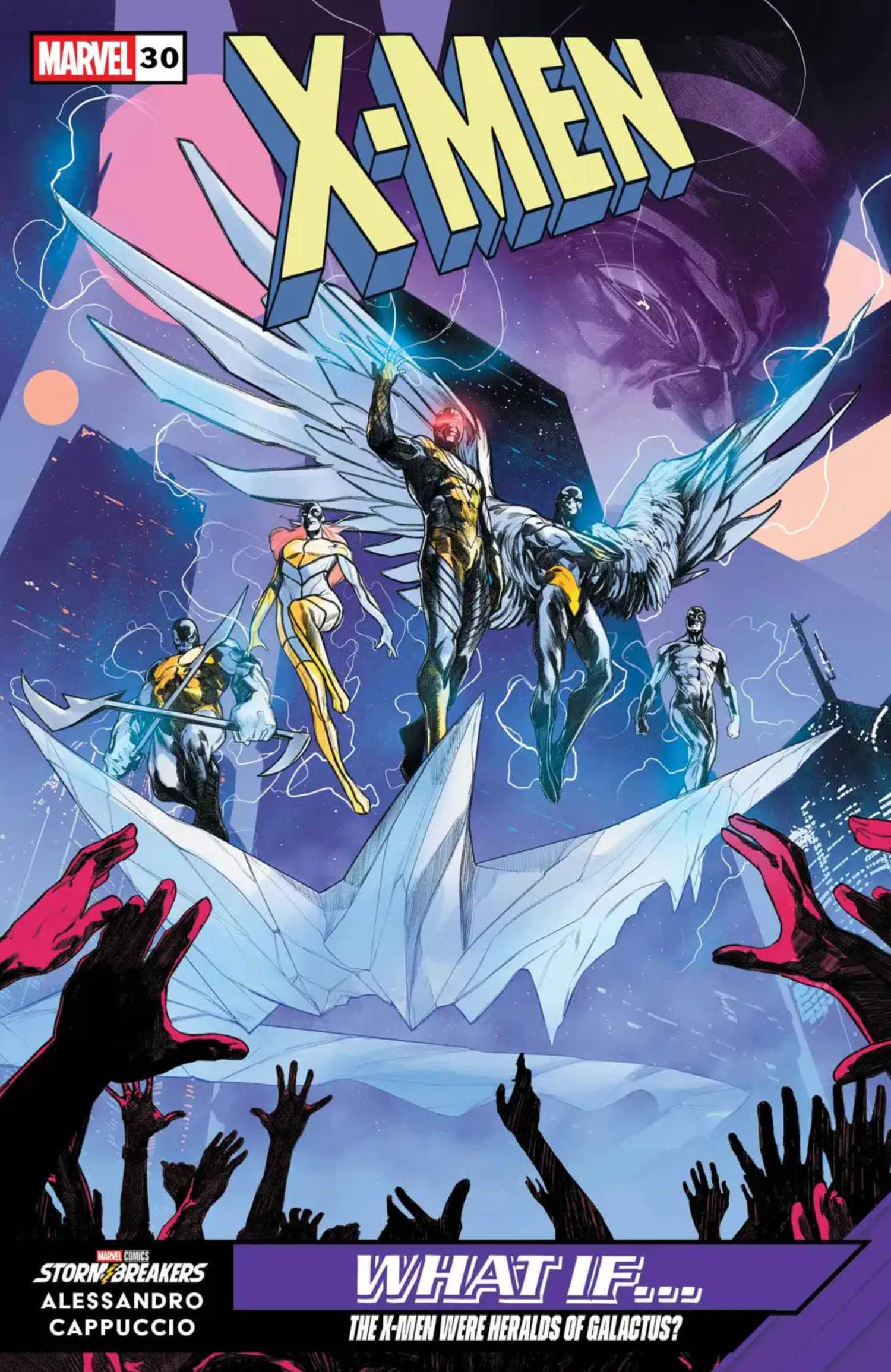 x-men cover showing the founding heroes as heralds of galactus