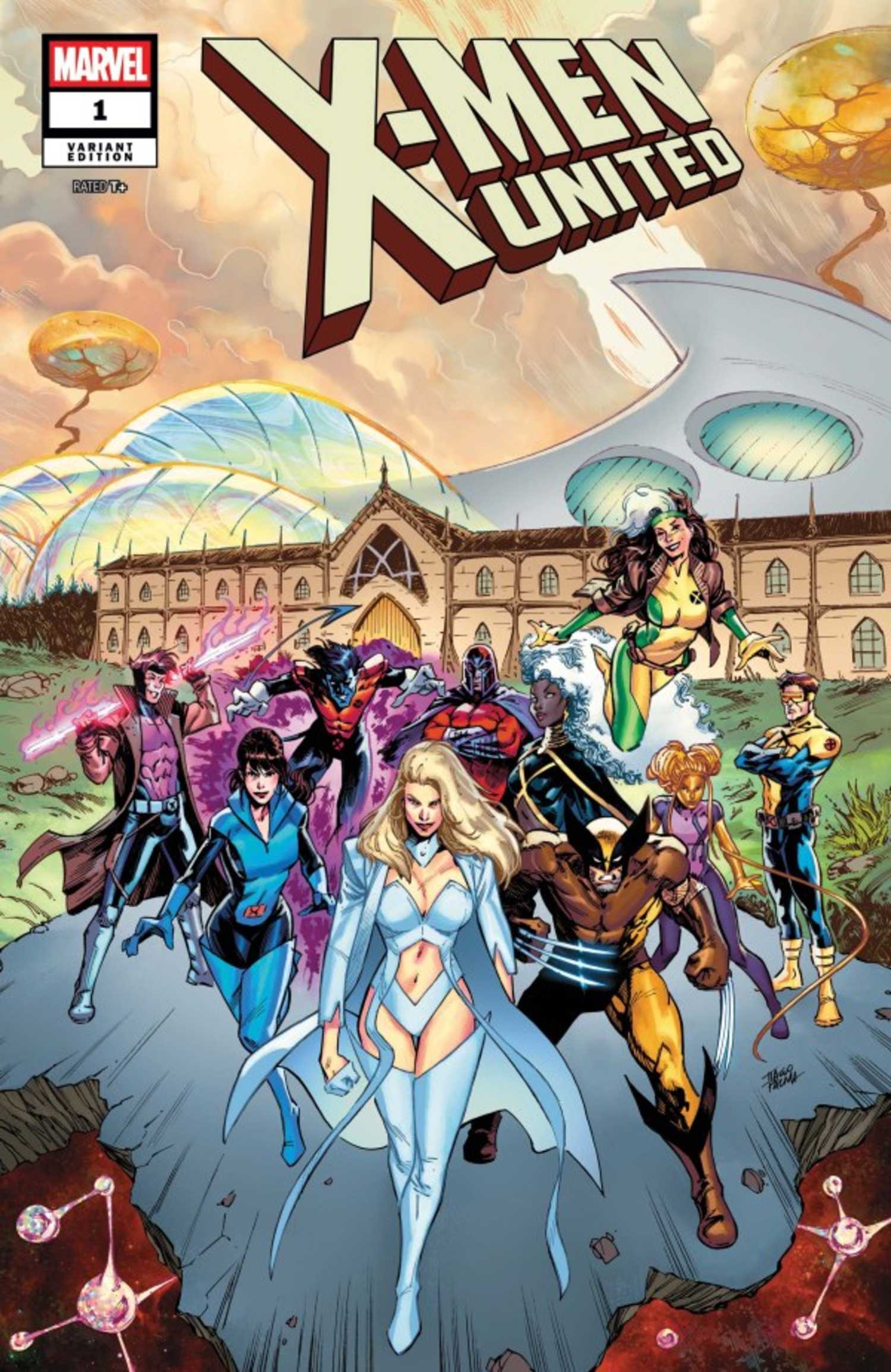X-Men United #1 variant cover, the X-Men crowded together out front of the school