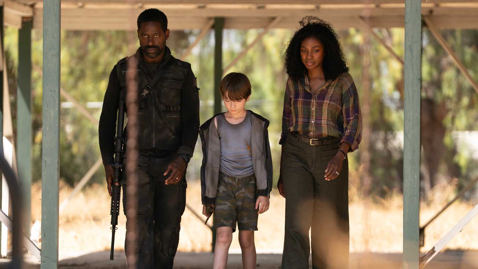 What Happened To The Bunker? 2 Xavier (Sterling K. Brown), Bean (Benjamin Mackey), and Teri (Enuka Okuma) walking together in Paradise season 2