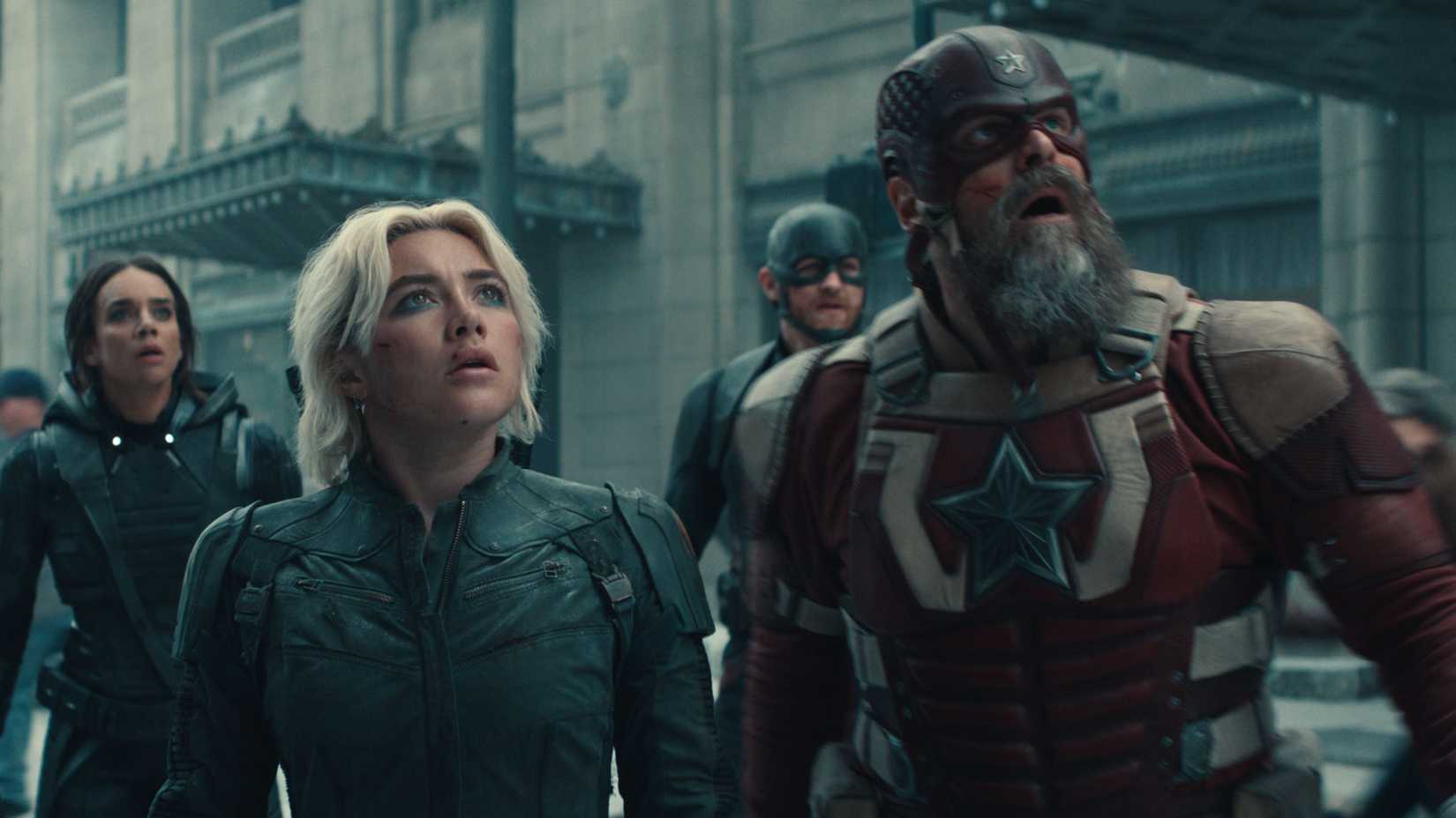 Yelena and the rest of the Thunderbolts looking up at the Void in Thunderbolts_