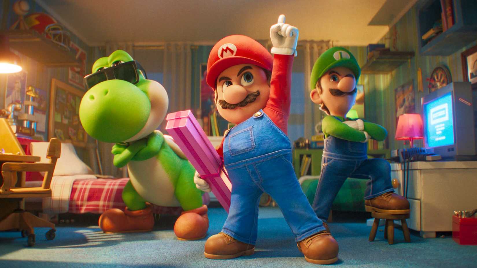 Yoshi Mario and Luigi posing triumphantly in The Super Mario Galaxy Movie