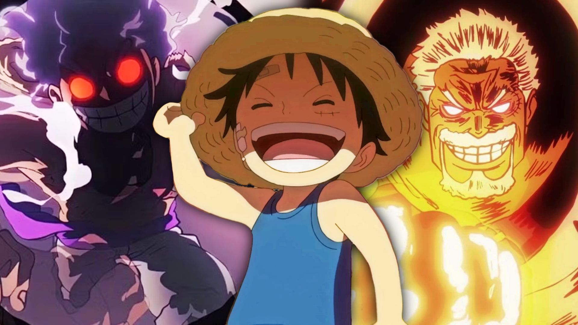 Young luffy smiling with garp and gear five luffy in the background