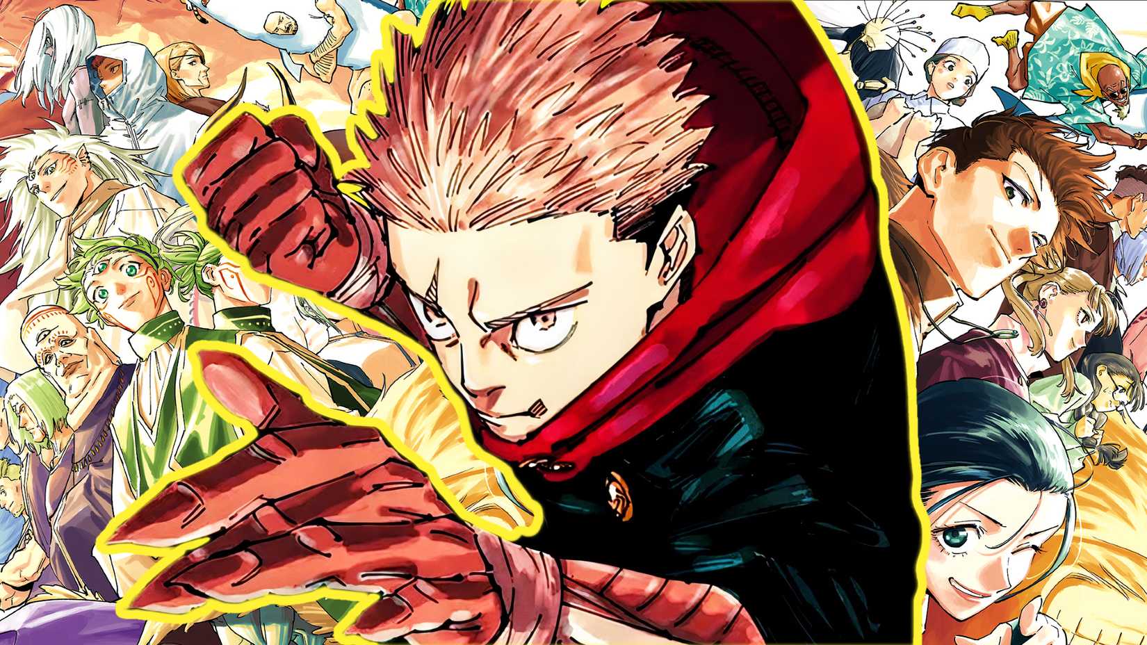 Yuji as seen in jujutsu kaisen with the cast of modulo in the background