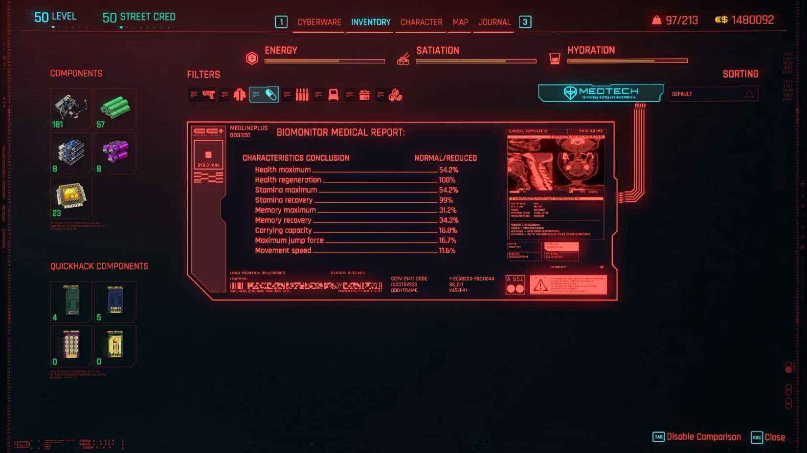 Image shows the settings in the Survival System Cyberpunk 2077 mod