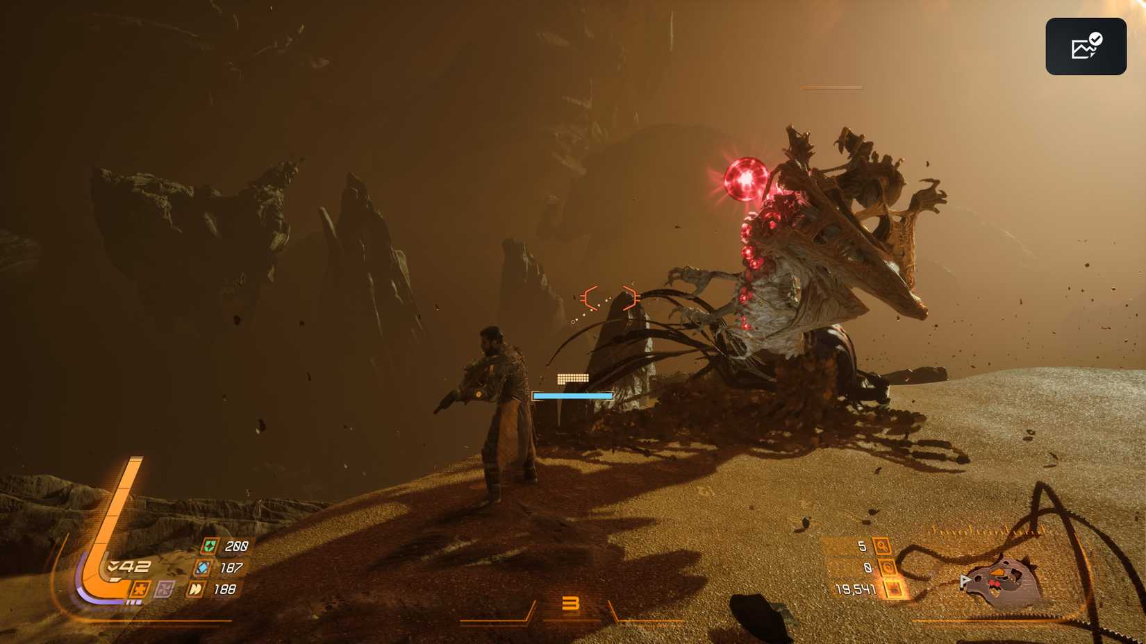 A Carcosan alien prepares an attack on Arjun in a Nightmare Strand in Saros