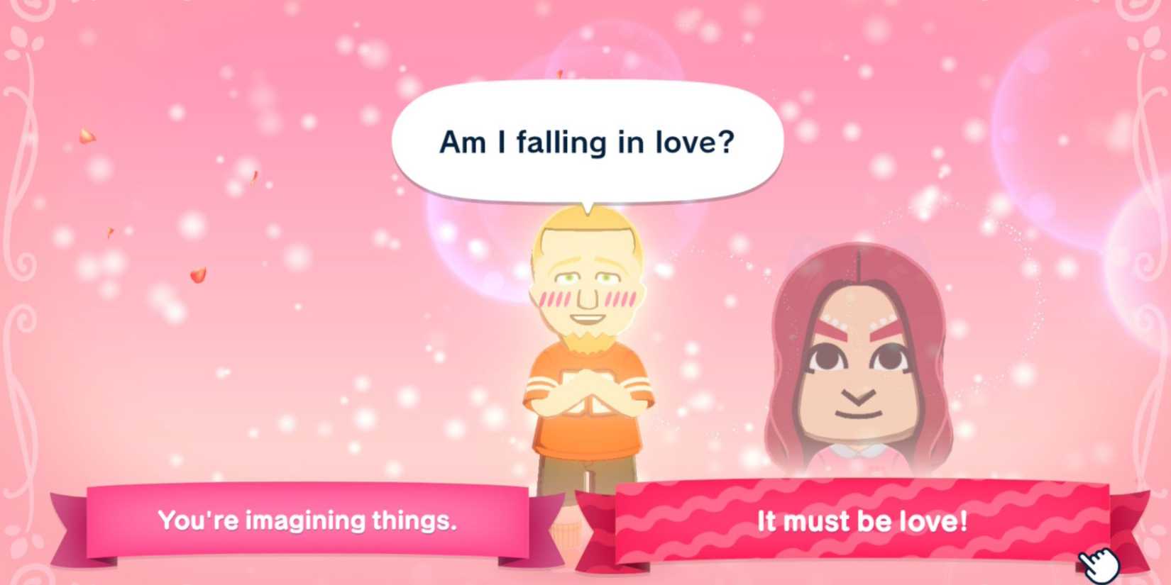 A character deciding if they are in love in Tomodachi Life Living the Dream