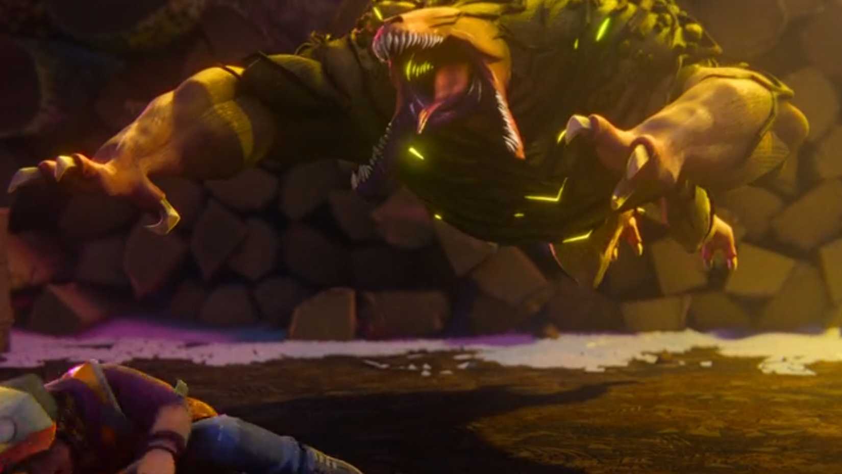 Um monstro canino pairando sobre Dustin em Stranger Things Tales from 85