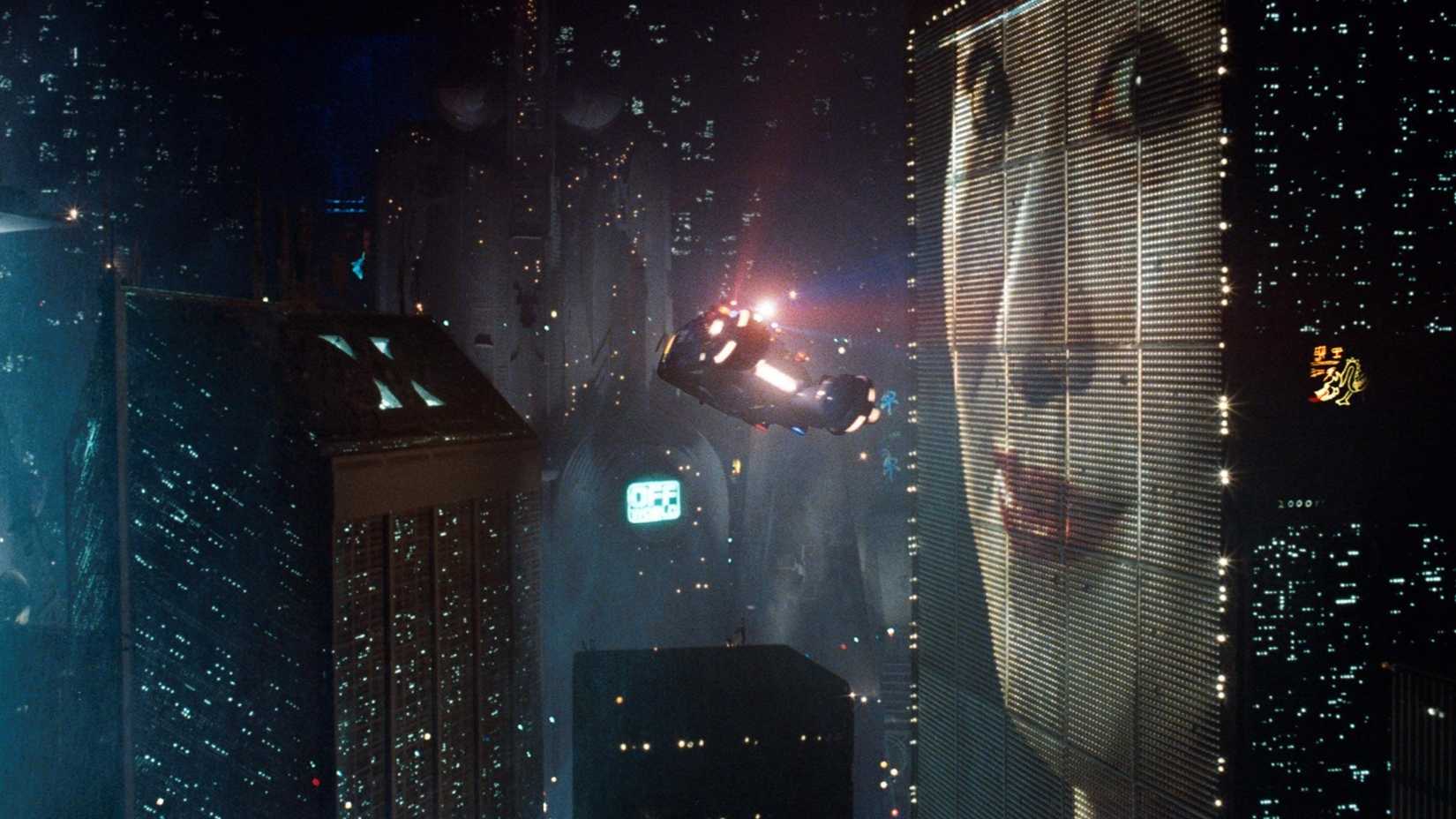 A futuristic LA skyline in Blade Runner
