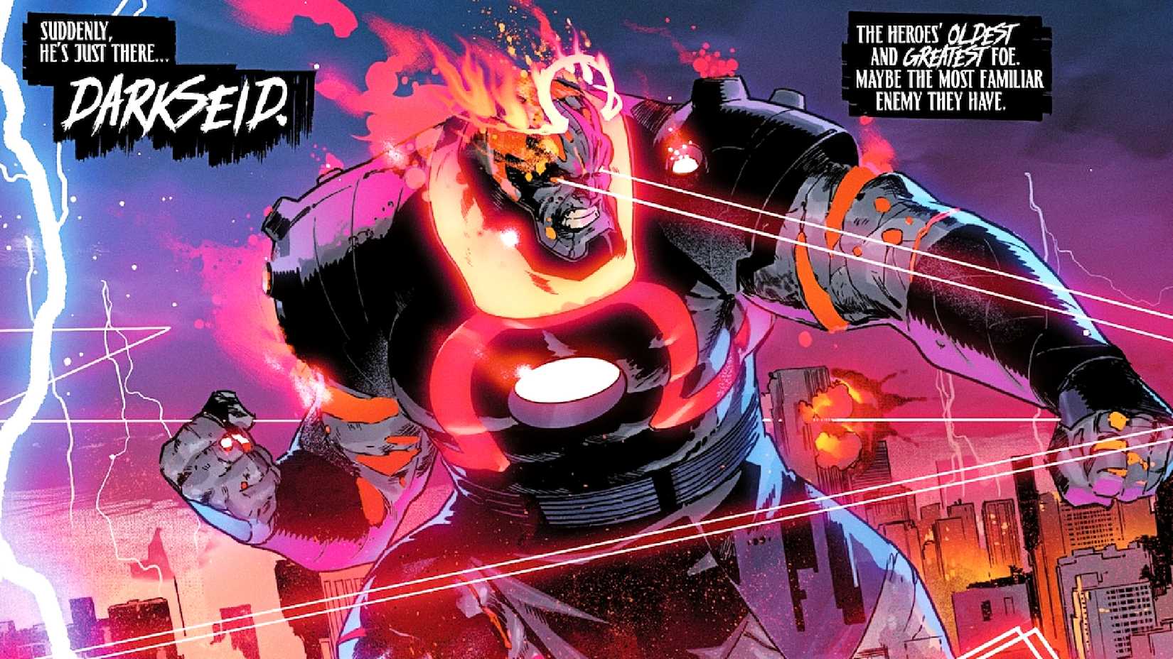 A giant Darkseid attacks a city in DC KO