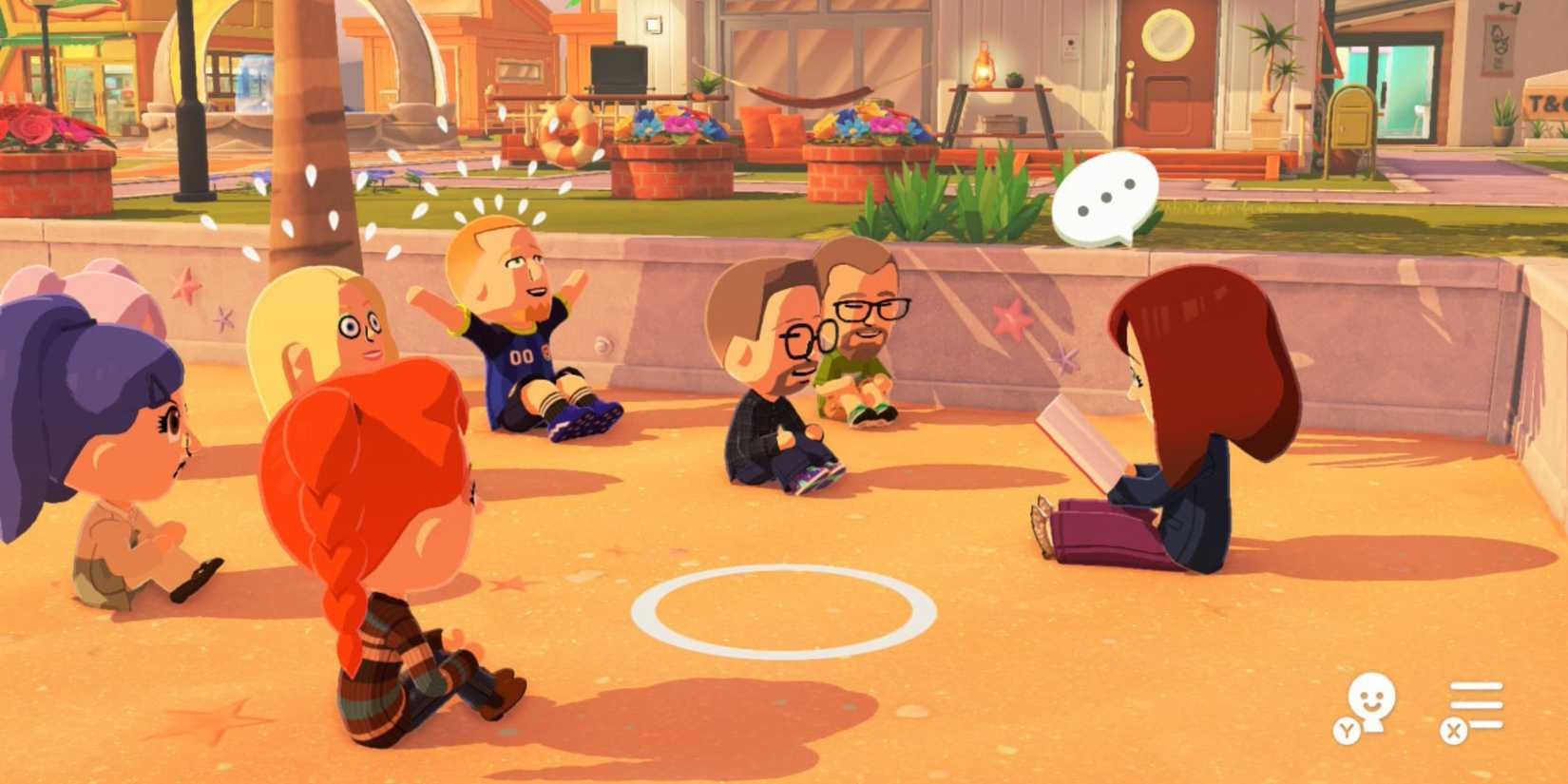 A group of Mii characters reading in Tomodachi Life Living The Dream