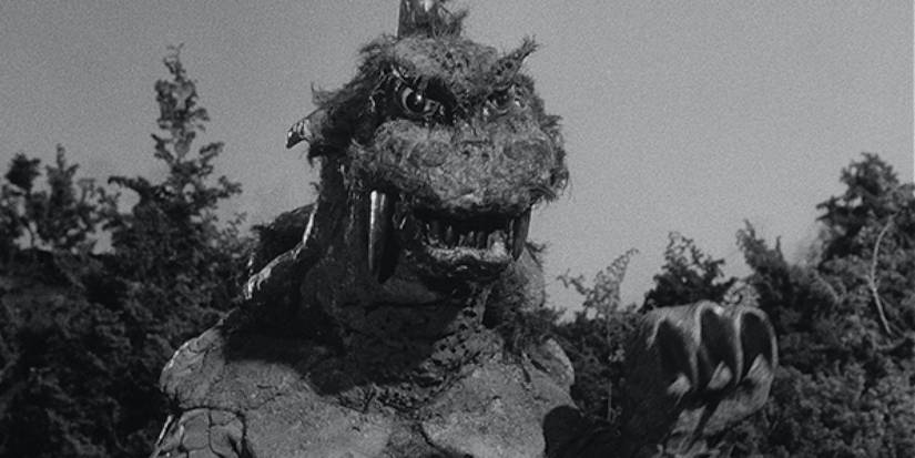 A Kaiju in Ultra Q. The image is in black and white.