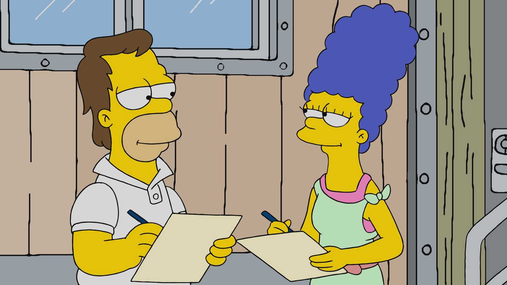 A young Homer and Marge stand outside a trailer in The Simpsons