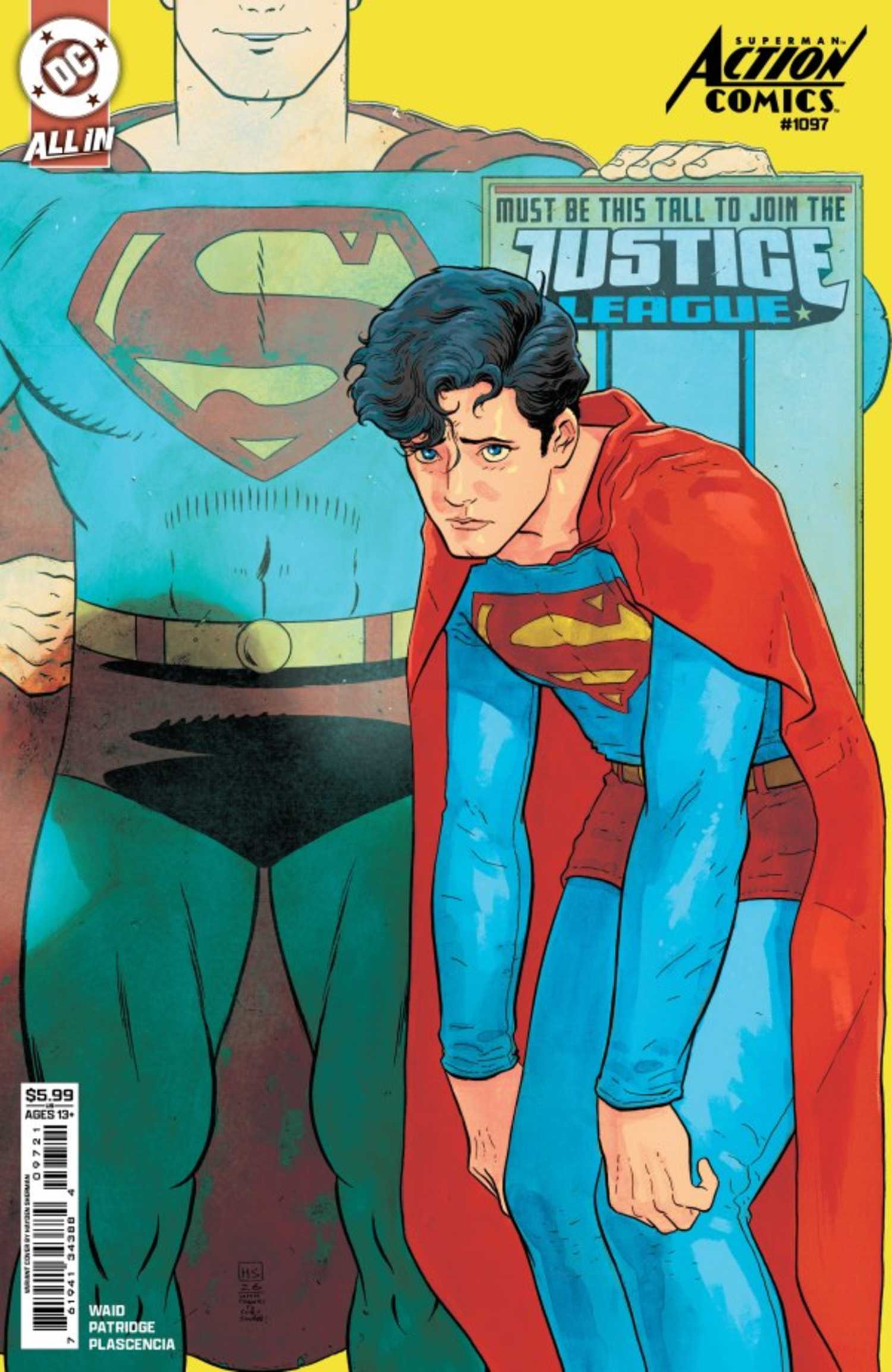 Action Comics #1097 cover, Superboy slouching by a poster of Superman