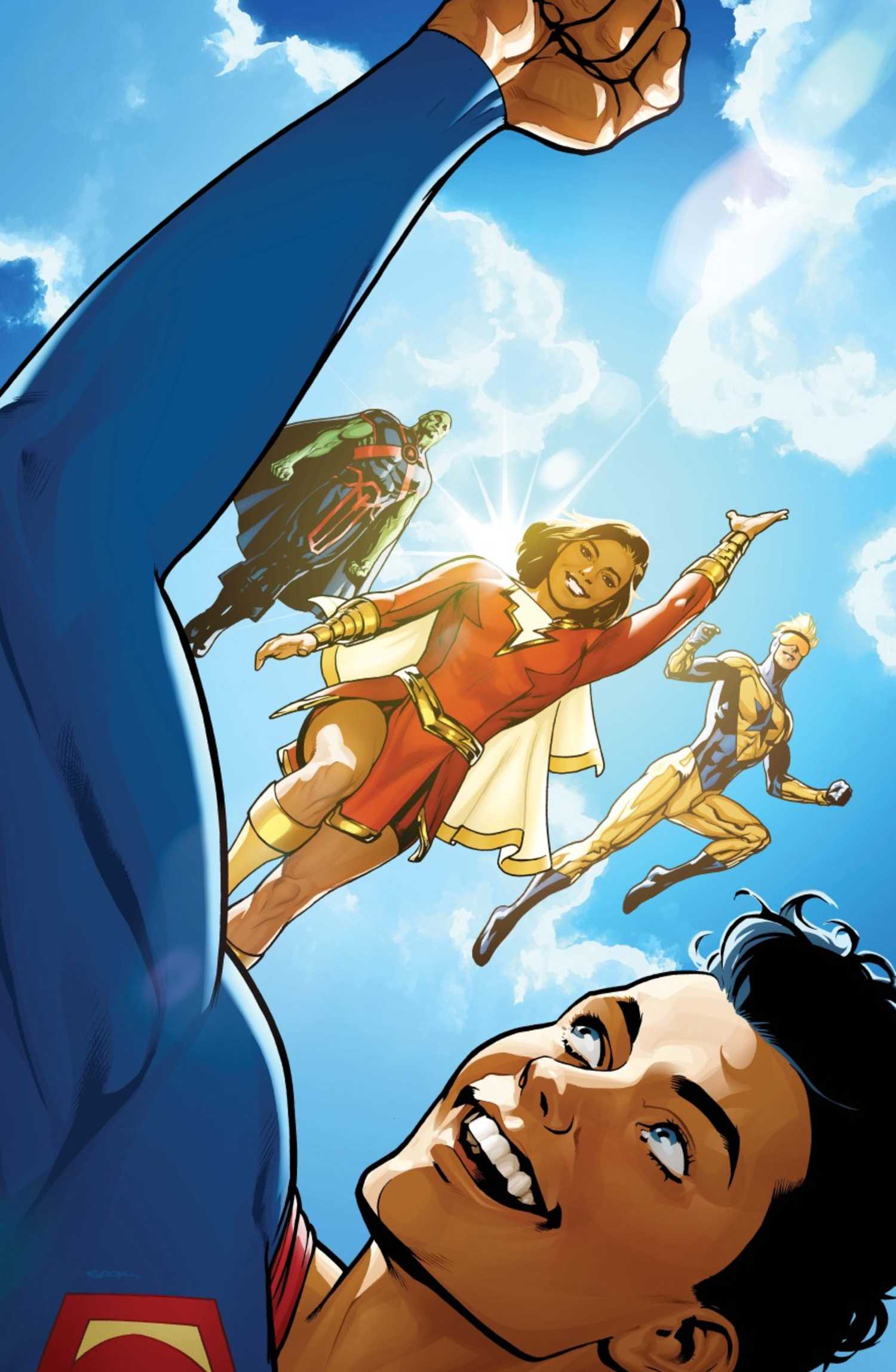 Action Comics #1099 cover showing superman looking up at mary marvel