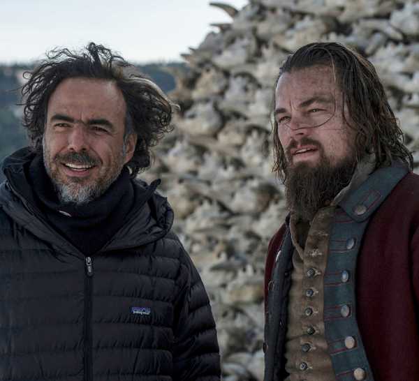 Alejandro G Iñárritu and Leonardo DiCaprio on the set of The Revenant