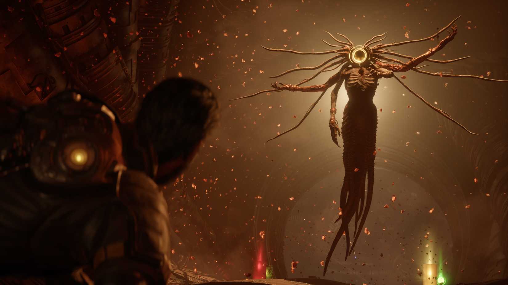 Arjun lies on the floor and stares up at a Carcosan monstrosity in Saros