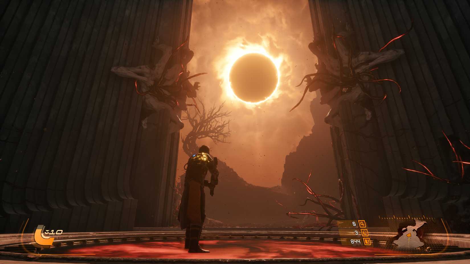Arjun stands before a massive amber doorway in front of the first eclipse in Saros
