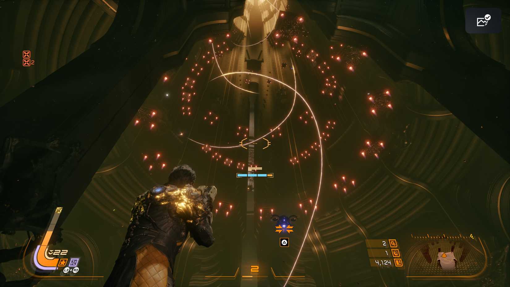 Arjun stares up at a yawning tunnel of moving platforms above in Saros