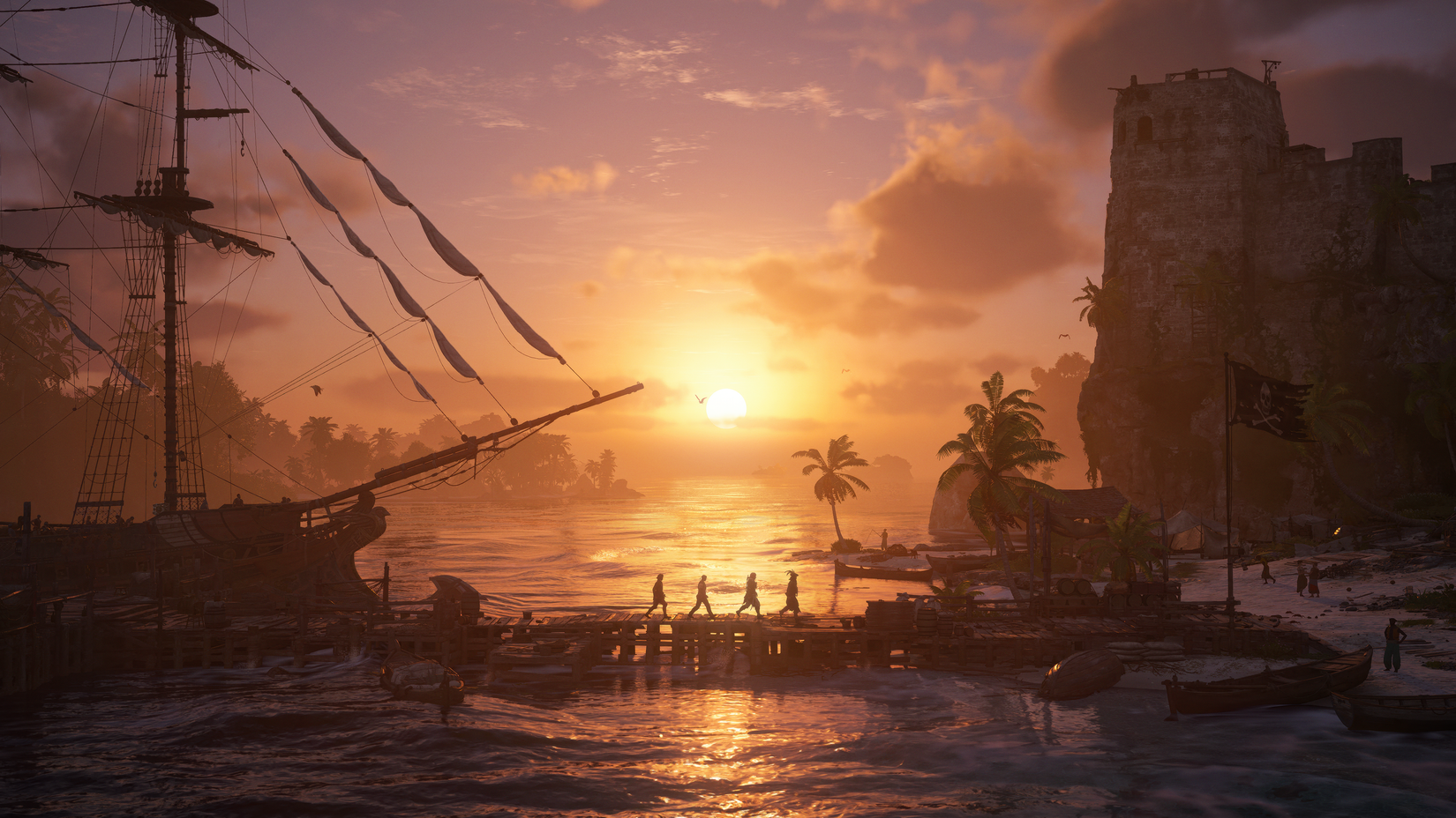 Assassin's Creed Black Flag Resynced docks at sunset