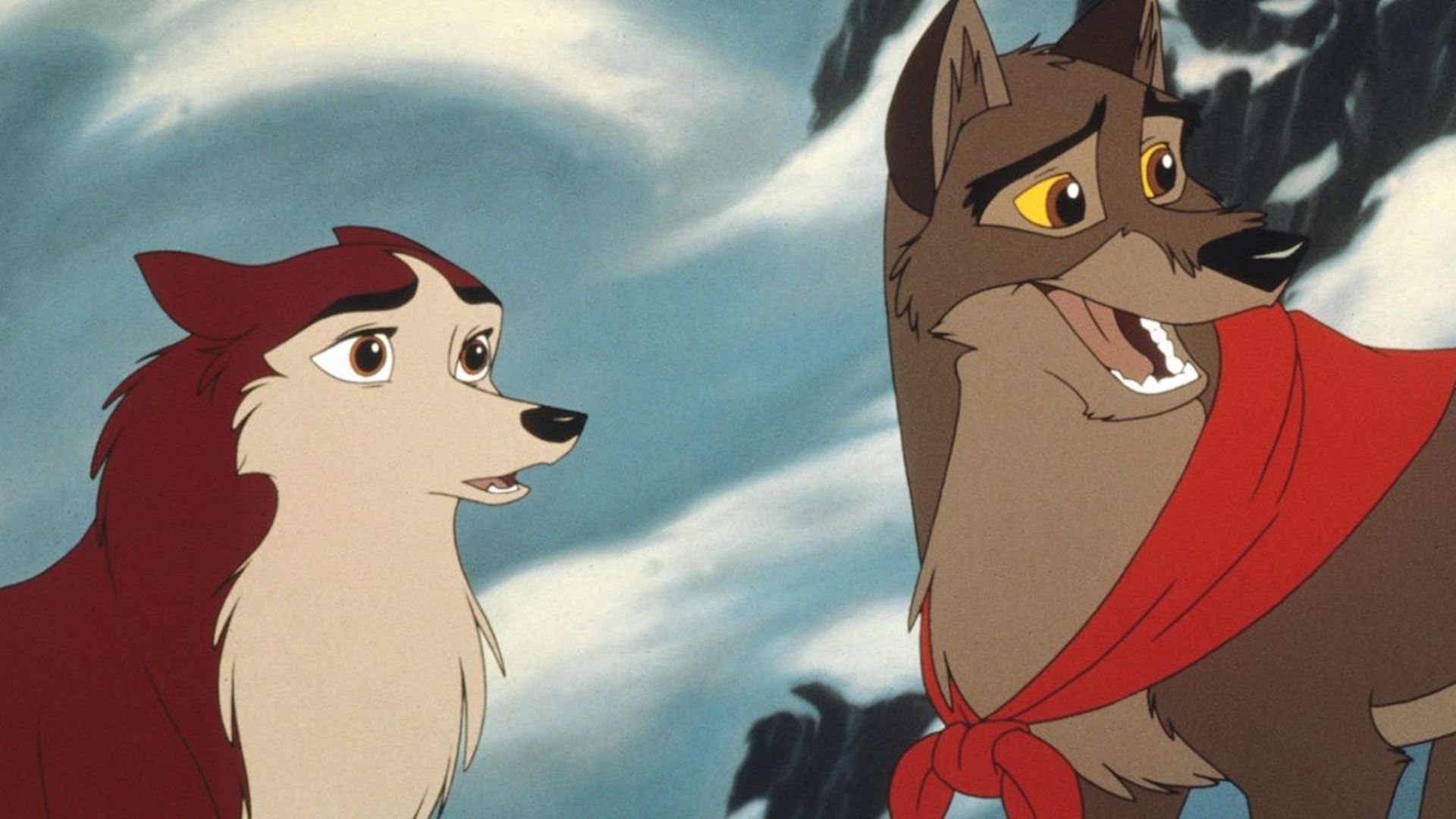 Balto usando uma bandana vermelha ao lado de Jenna