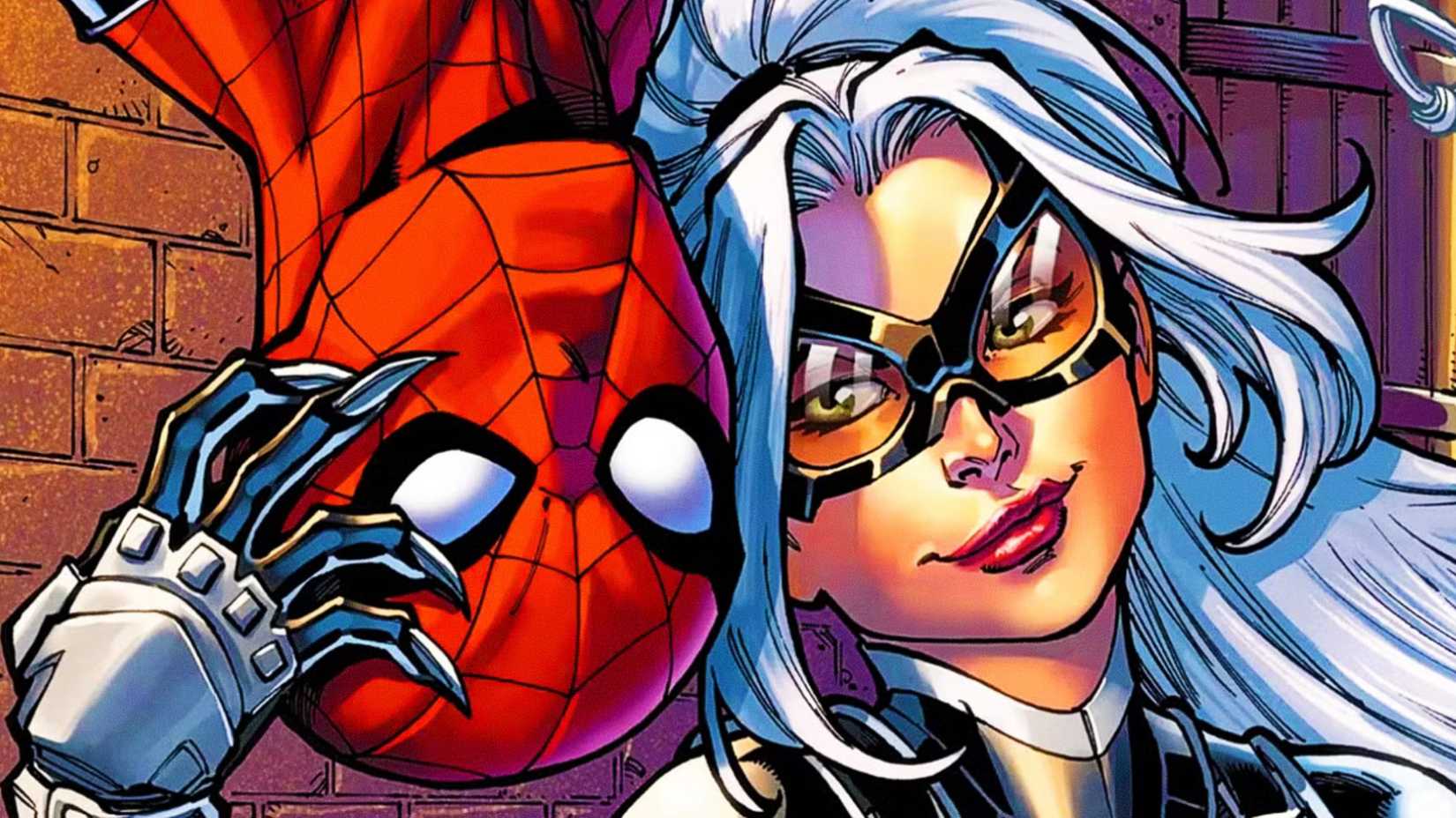 Black Cat caresses Spider-Man's face in Marvel Comics