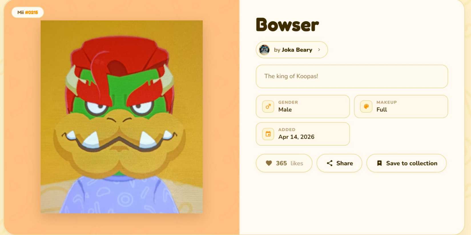Bowser Mii in Tomodachi Life made by Joka Beary