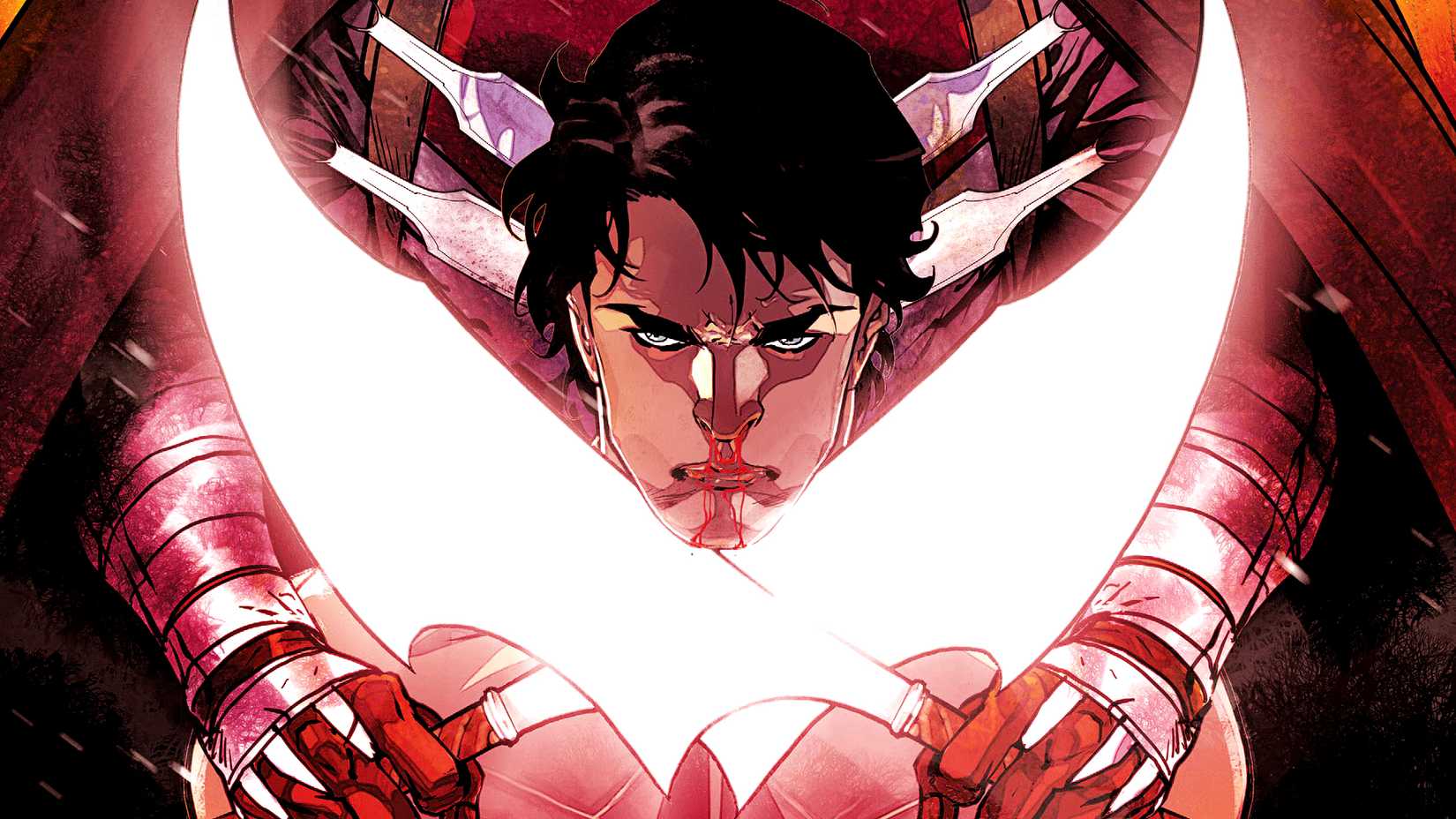 Bruce Wayne has two blades placed on his neck in Batman The Knight