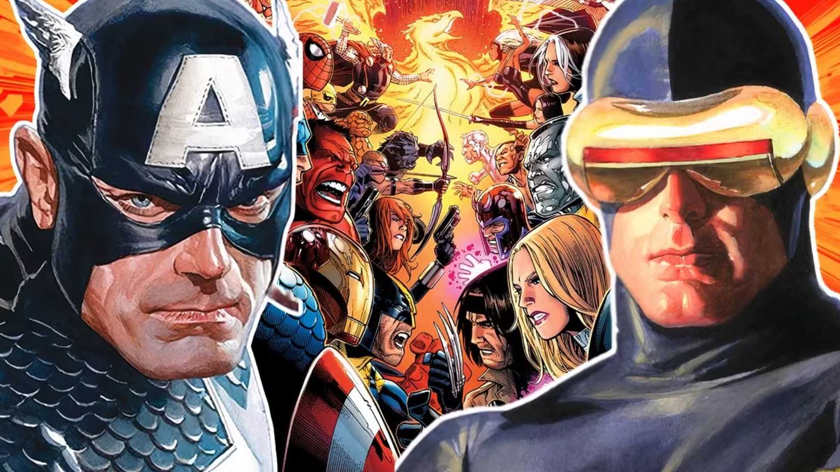 CAPTAIN AMERICA AND CYCLOPS STAND OVER THE AVENGERS AND X-MEN