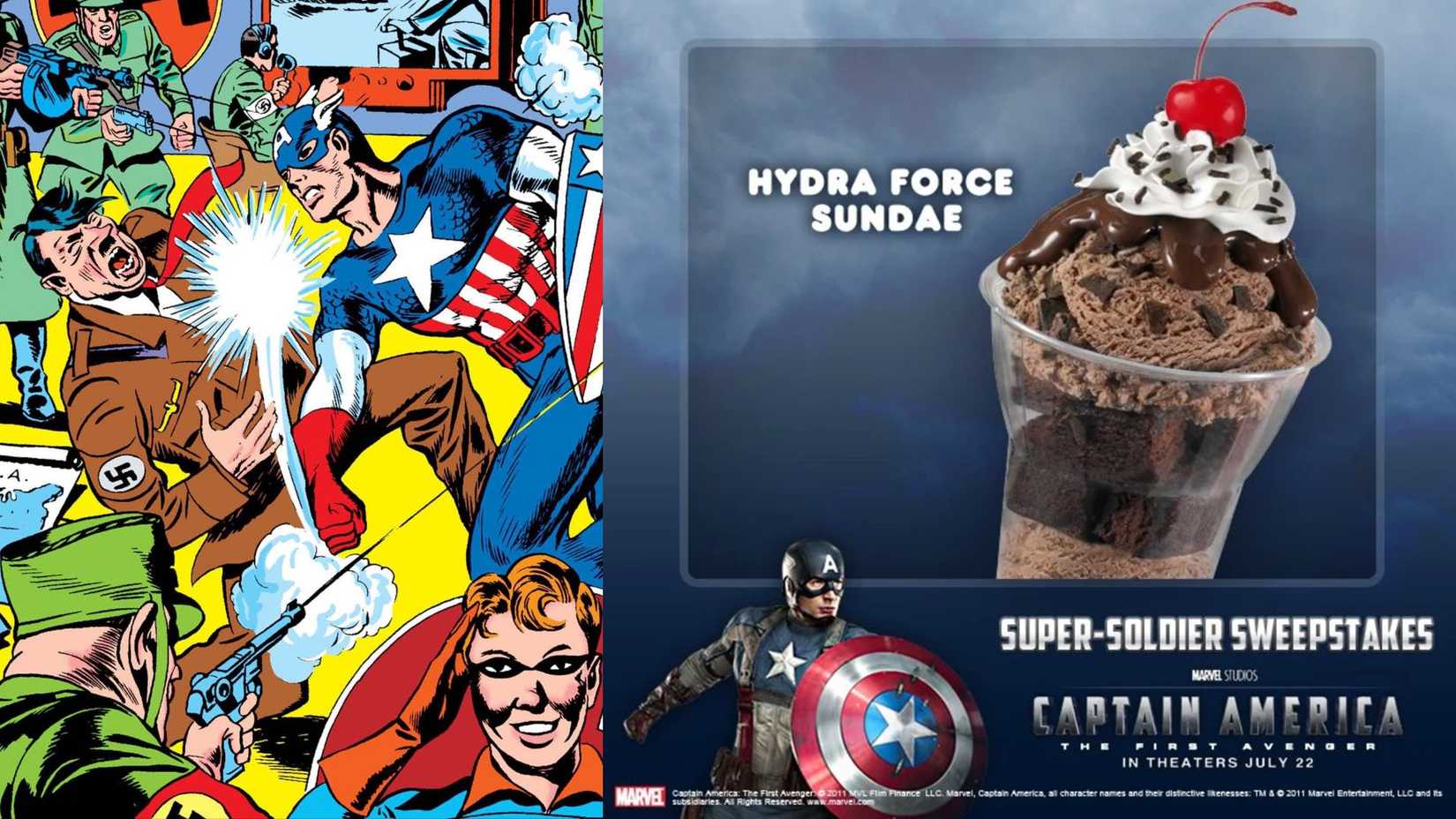 Split image showing the cover of Captain America #1 with Cap punching Hitler, and a Baskin-Robbins ad for the Hydra Force Sundae created for Captain America: The First Avenger.