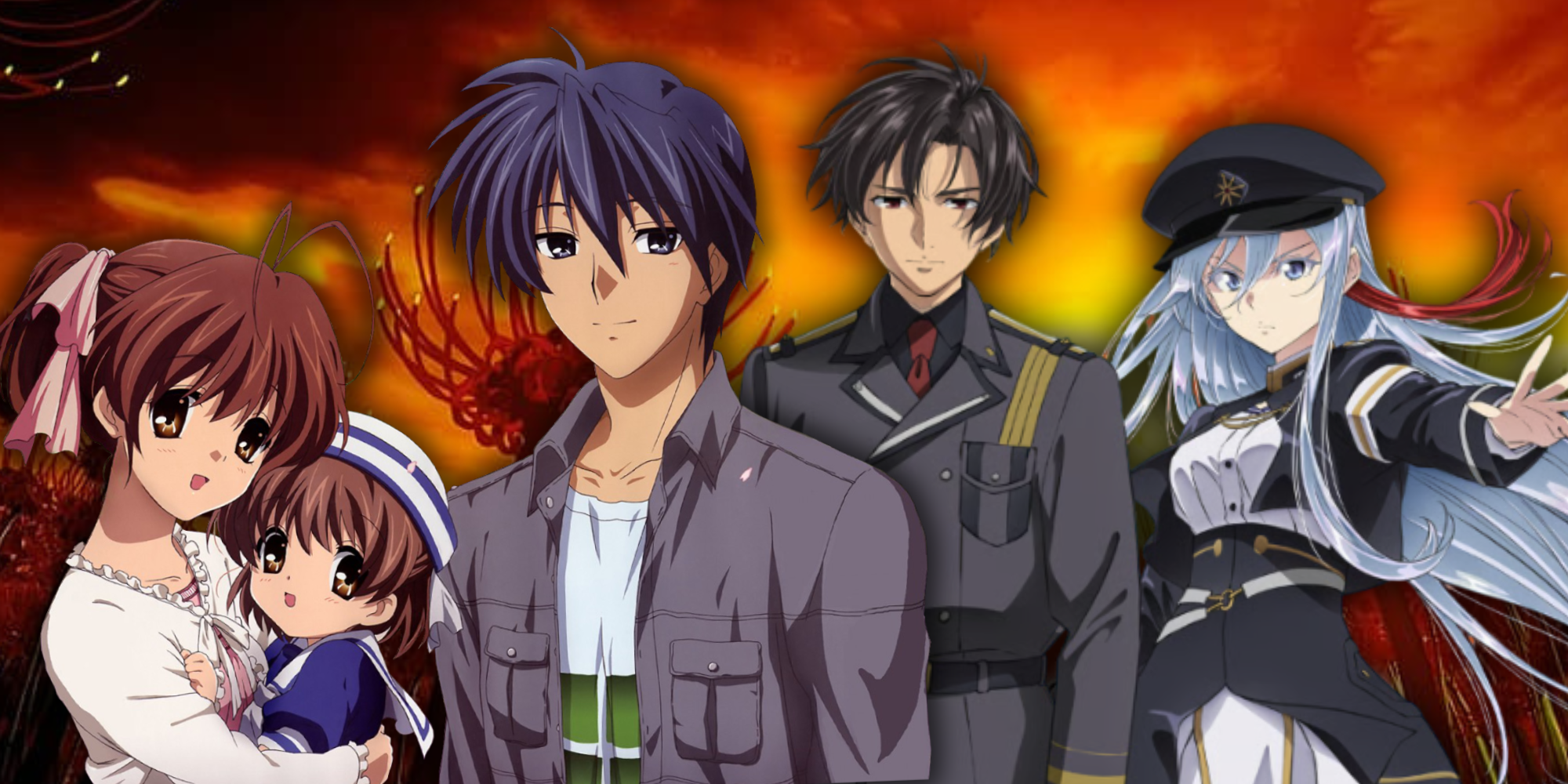 Clannad and 86 Eighty-Six anime charcaters in front of a Clannad Background - Anime Featured Image