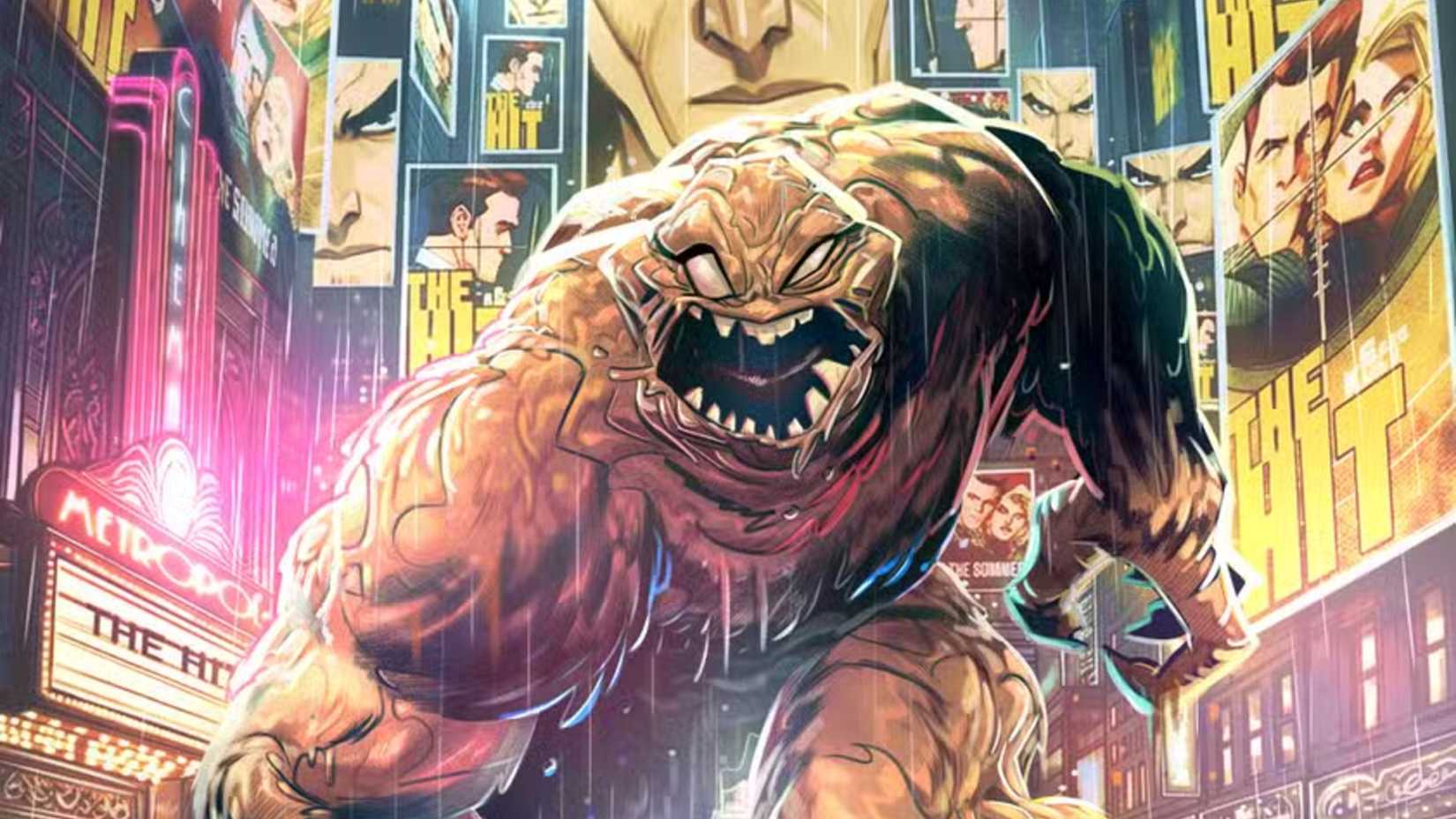 Clayface looming over Gotham with a variety of movie poster behind him.