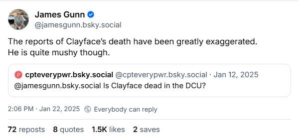 Clayface post from James Gunn in 2025