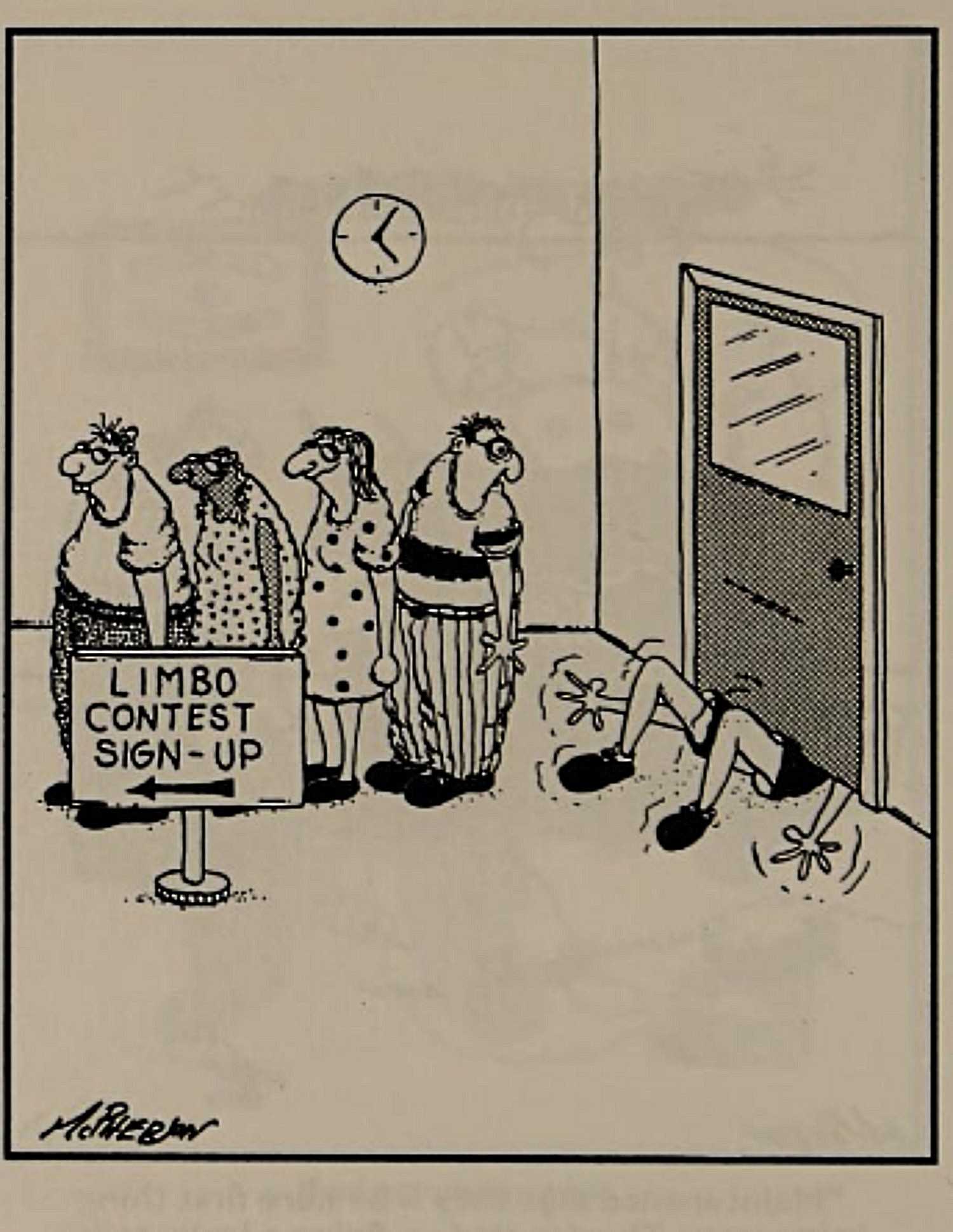 Close to Home, a person tries to fit under a door on their way to a limbo contest