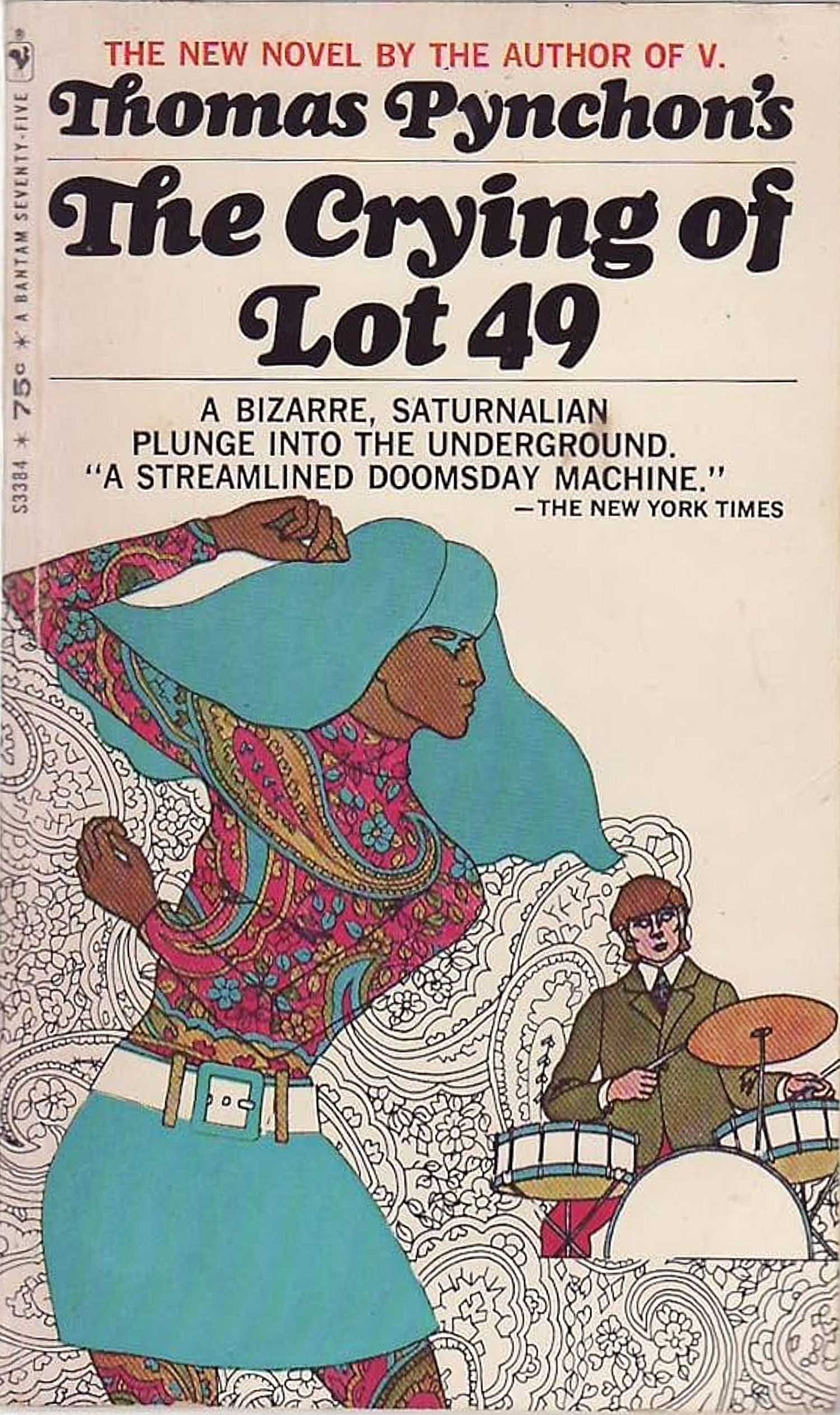 crying of lot 49 book cover cartoon of a woman and a drummer