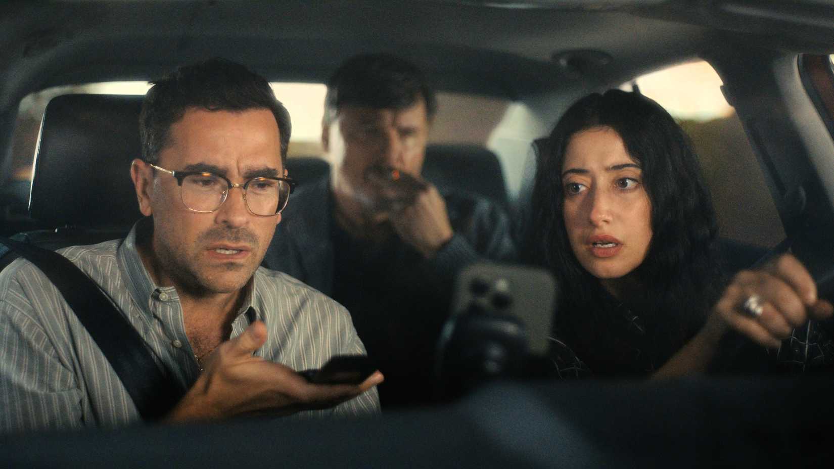Nicky and Morgan look worried while on a phone call in the car in Big Mistakes season 1 episode 4