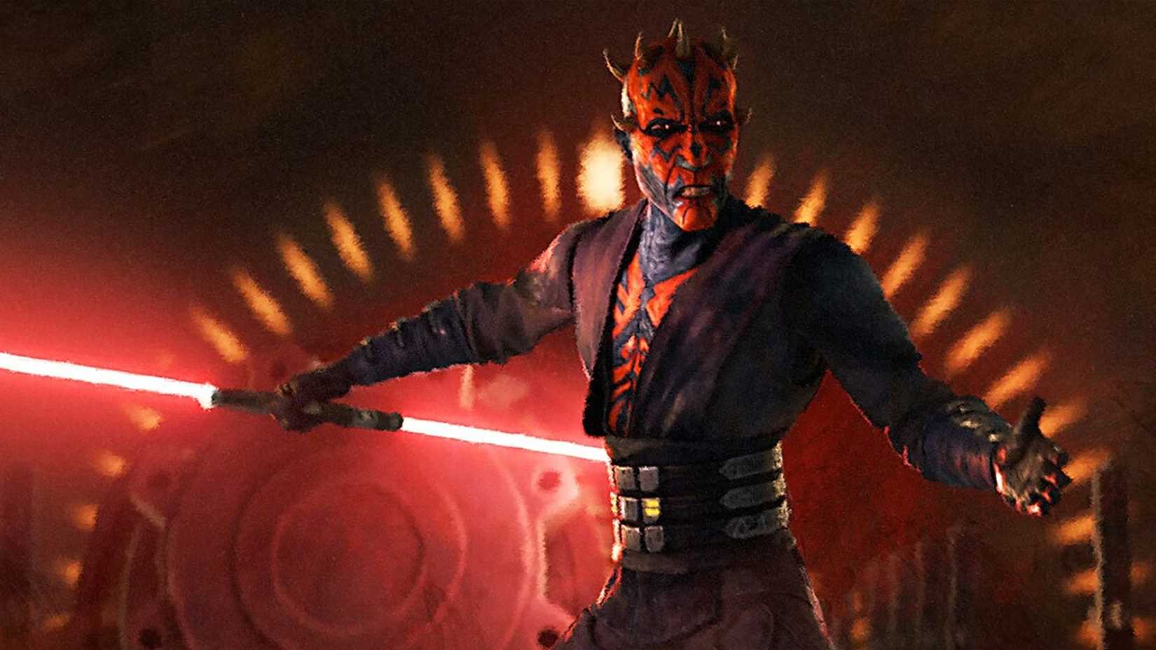 darth maul wielding his red lightsaber in maul shadow lord
