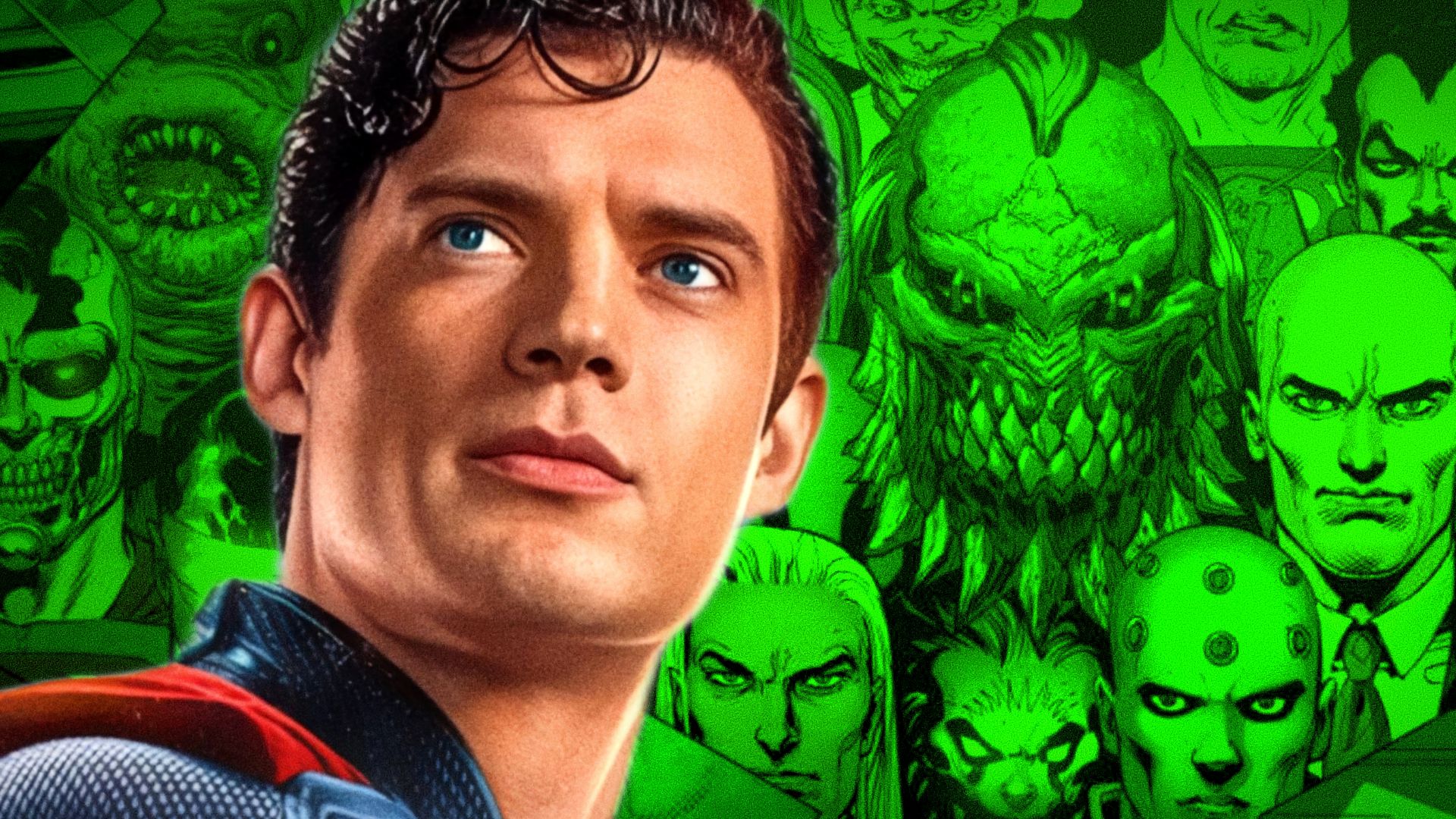David Corenswet's Superman looks towards the horizon surrounded by the Man of Steel's comic book villains lit by Kryptonite green light