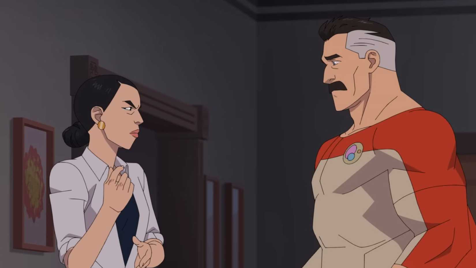 debbie staring angrily at omni man in invincible season 4 episode 5