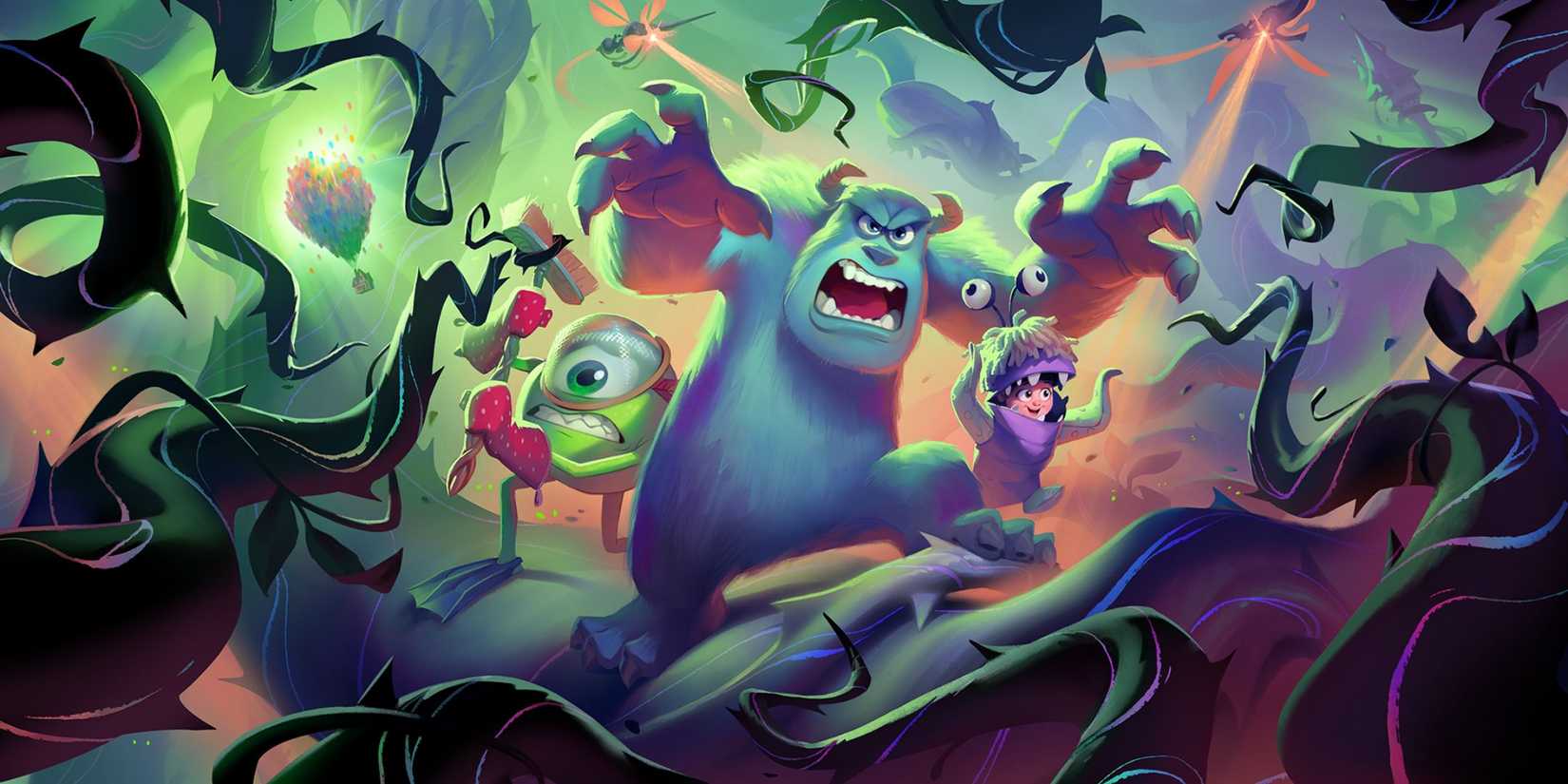 Disney Lorcana Attack of the Vine key artwork with characters from Monsters Inc