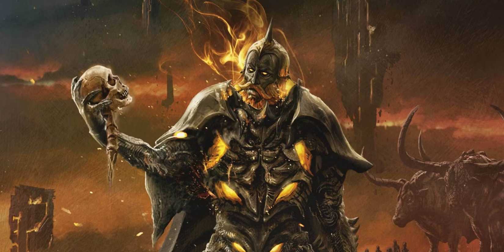 Olanthius from Dungeons and Dragons holds a skull.