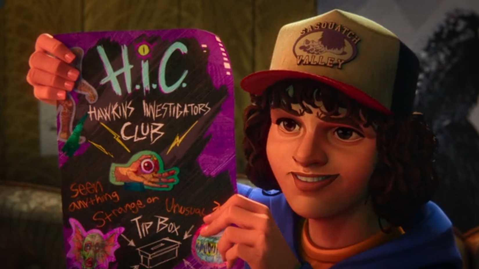dustin holding up a flyer for the hic in stranger things tales from 85