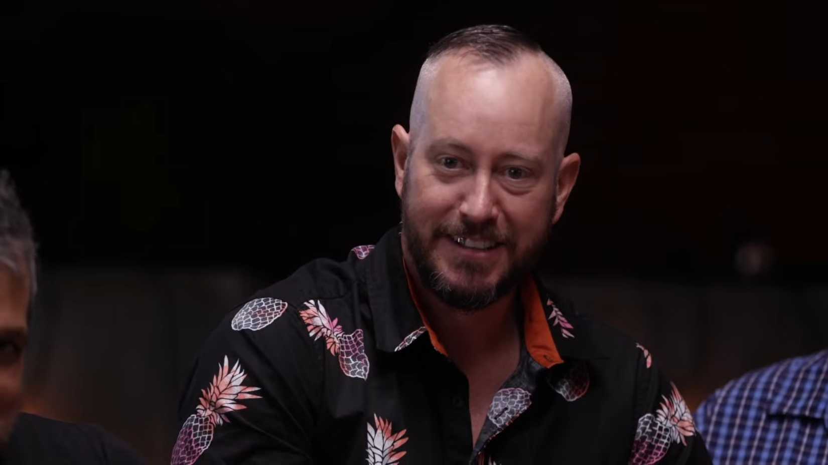Ehren in a shirt talking about the cup test in Jackass Forever