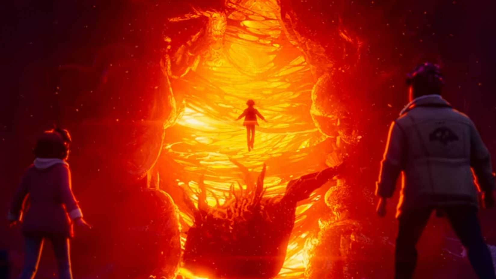 Eleven levitating in front of a Gate in Stranger Things Tales from 85