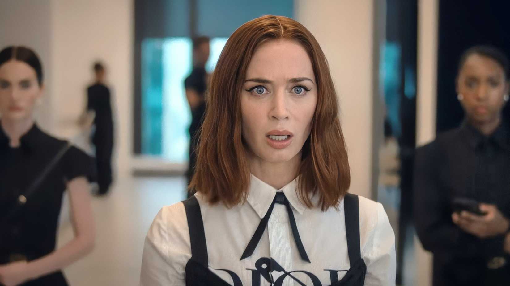 Emily with her mouth open in shock in The Devil Wears Prada 2