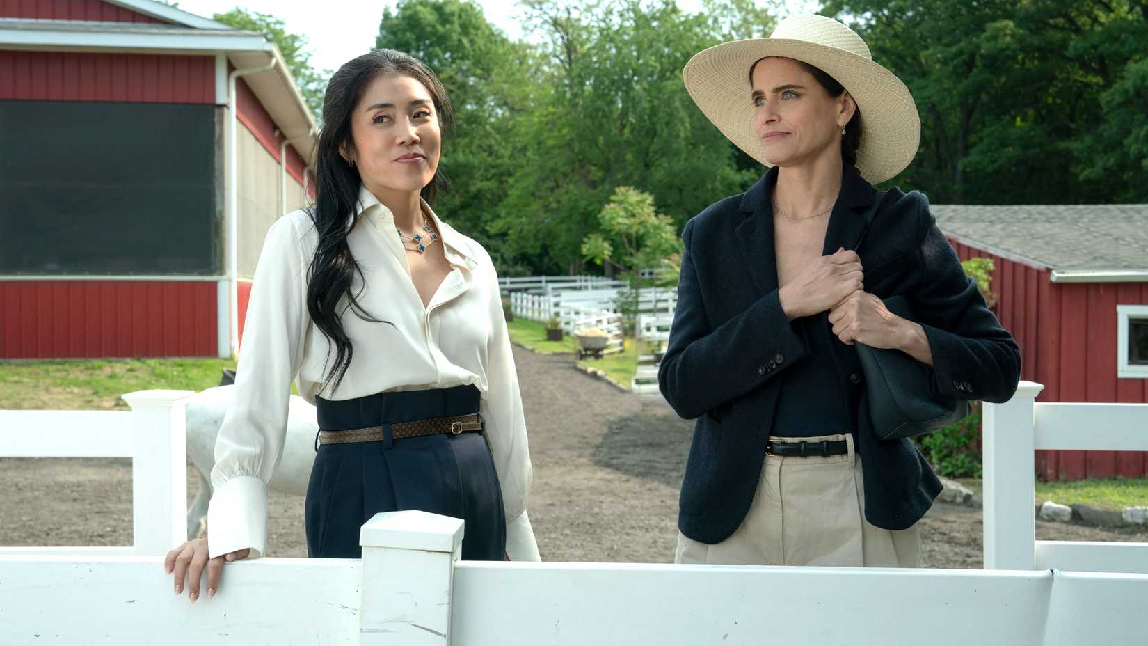 eunice bae s grace and amanda peet s mel standing by a fence looking at something in your friends neighbors season 2