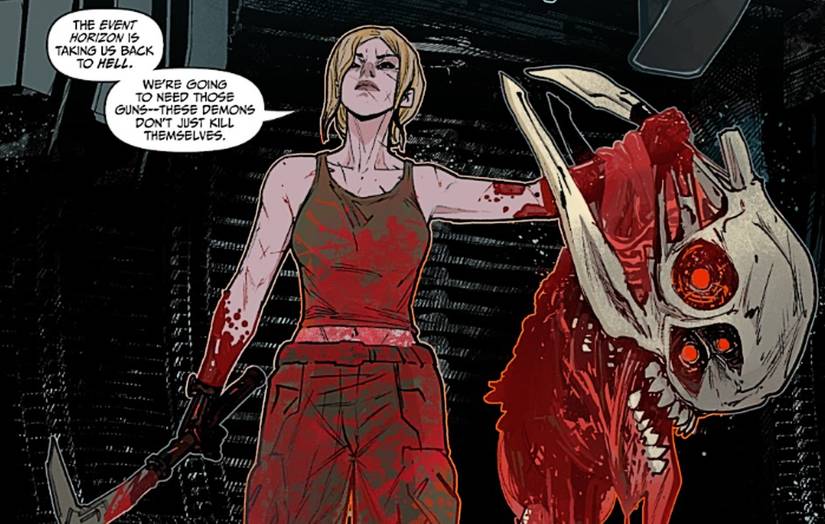 Event Horizon Inferno #1, Lt. Starck covered in blood with the severed head of a demon
