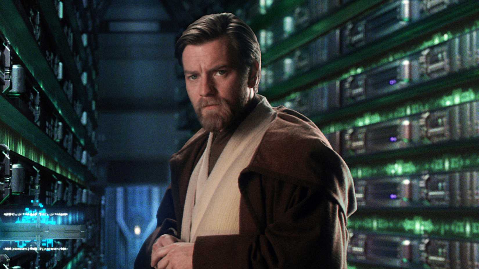 ewan mcgregor as obi wan kenobi standing in the jedi archives in star wars episode iii revenge of the sith